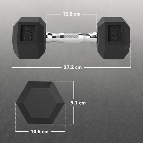 Ensemble de 2 haltères hexagonales de 4 kg avec poignée antidérapante et revêtement en caoutchouc, noires. (1/5)
