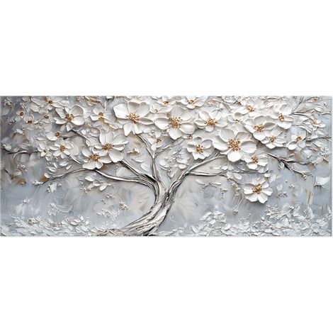 Lupia - Quadro moderno Canvas Prime TREE FLOWERS WHITE 38x90 cm, Stampa su Tela effetto Pennellate tridimensionale, Albero della Vita, Telaio in Legno, soggiorno capezzale camera da letto ufficio