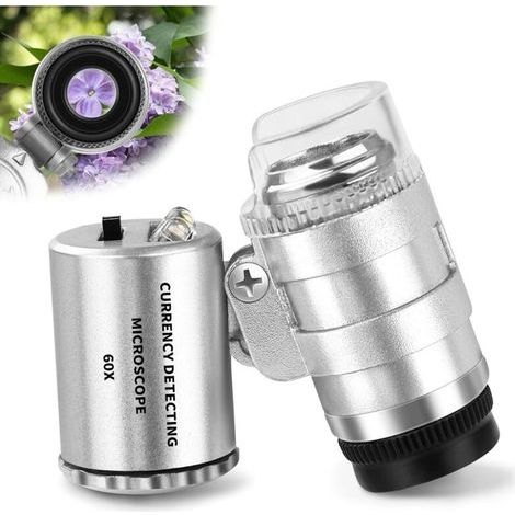 Lupa de joyero 60X con luz - Mini microscopio de bolsillo - Lupa para gemas con luz LED/UV - Lente de aumento - Tricromo para trabajos de precisión, joyería y monedas (1/5)