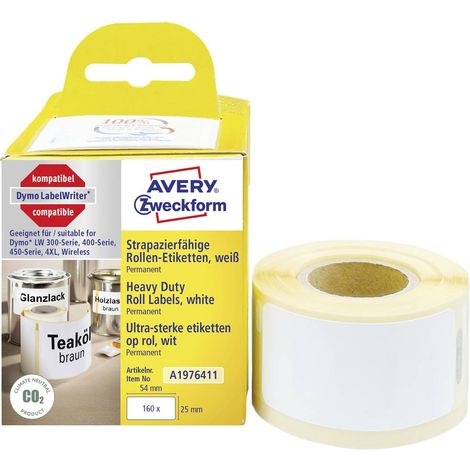 Avery-Zweckform A1976411 Rotolo di etichette 25 x 54 mm Pellicola Bianco 160 pz. A tenuta permanente Etichetta universa (1/3)