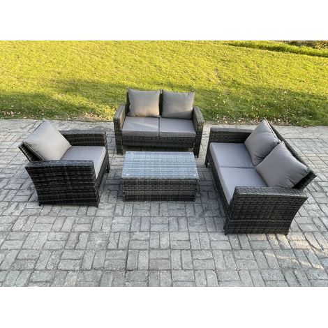 Fimous Wicker Rattan Garden Furniture Sofa Set with Rectangular Coffee Table Double Seat Sofa Chair 5 Seater Outdoor Rattan Set Dark Grey Mixed (1/5)