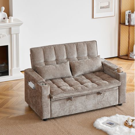 Divano letto 3 in 1 142x89x89 cm in ciniglia marrone con contenitore - CHICFURN (1/5)