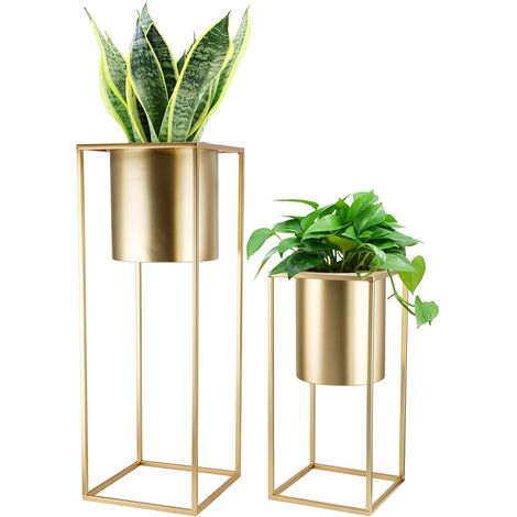 Lot de 2 grands pots de fleurs avec support doré pour plantes d'intérieur de 71,1 et 45,7 cm de haut, pots de fleurs modernes pour salon, cuisine, bureau, jardin, balcon, terrasse (doré) (1/5)