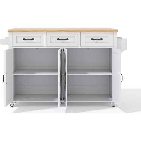 Îlot de cuisine mobile blanc avec plan de travail rabattable, 4 portes, 3 tiroirs, roulettes verrouillables, style grange, 140x43(70)x90,5 cm (1/5)