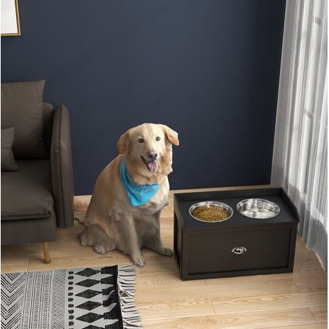 Hundefutterstation mit 2 Edelstahlnäpfen 2 L und Schublade, schwarz OKMYHOME (1/5)