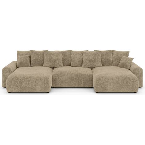 OLI - Canapé panoramique convertible tissu chenille 5 places Café (1/5)