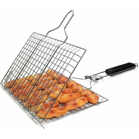 Panier avec Poignée en Bois, Pliable Panier Grille pour Barbecue Portable, Grill Poisson Panier Clip, Clip Panier Barbecue, avec Poignée Amovible et Sac de Rangement (1/5)