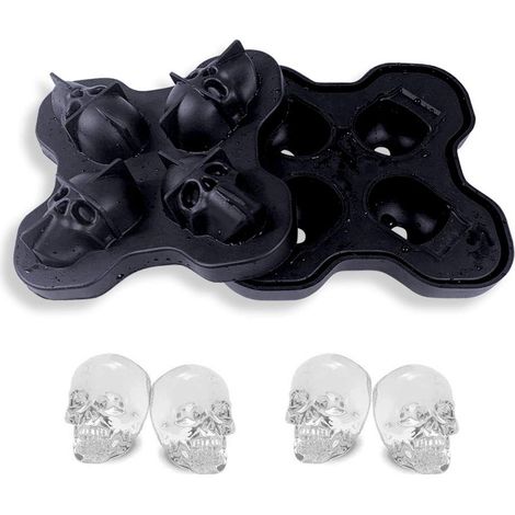 Bac à Glaçons avec Couvercle, Moule à Glaçons en Silicone Tête de Mort 3D, Forme de Crâne 4 Cavités, Grands Glaçons pour Whisky Cocktails Apéro, Bar, Soirée Halloween, Boissons Froides (1/5)