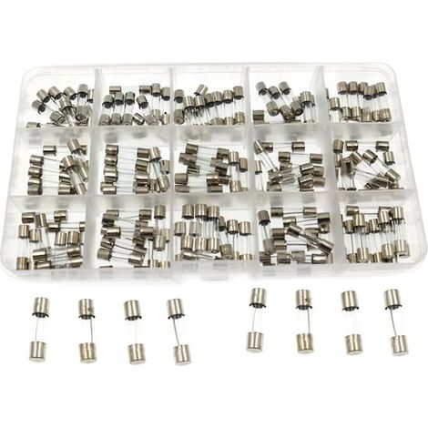 Lot de 150 bouchons en verre 5 x 20 mm (15 types différents) et 150 fusibles rapides de 0,1 A à 30 A. (1/5)