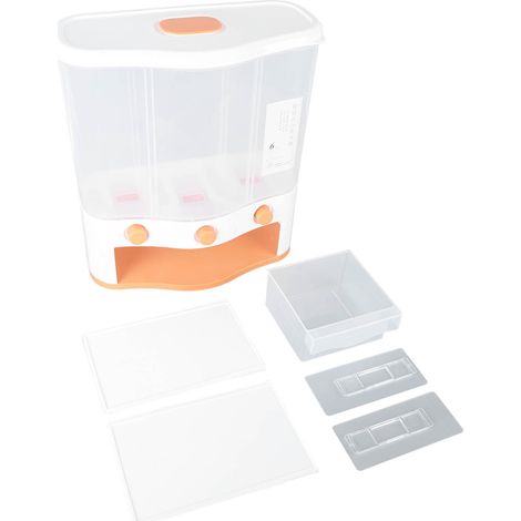 Boîte distributrice de céréales à 3 compartiments, grande capacité, 6 L, avec fenêtre transparente et couvercle, idéale pour le riz et les céréales sèches (orange). (1/5)
