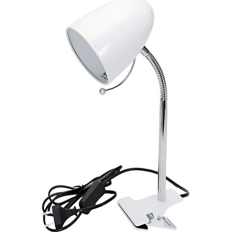 Abat-jour à pince métal blanc col flexible, douille E27, lampe pratique pour bureau et chambre