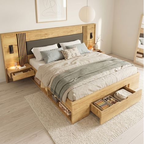 Letto con contenitore, in MDF color naturale, 160x200 cm, con rete a doghe inclusa, testiera imbottita e comodini integrati. (1/5)