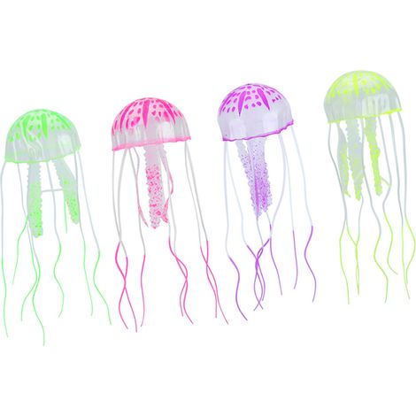 Lot de 4 méduses artificielles fluorescentes flottantes en silicone pour aquarium, décoration paysagère (1/5)