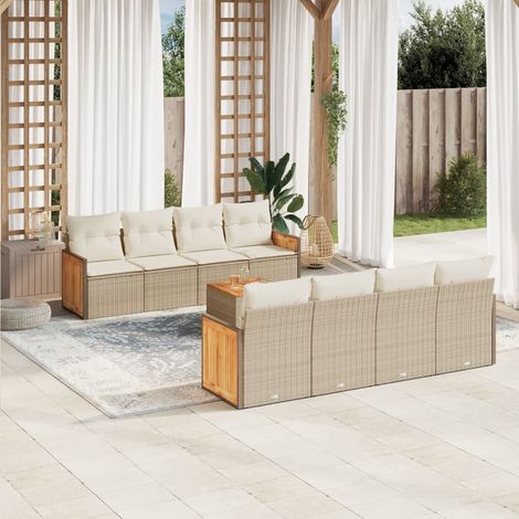 Ensemble Salon Jardin 9 Places Beige Résine Tressée avec Coussins - Table Acacia - Modulaire (1/5)