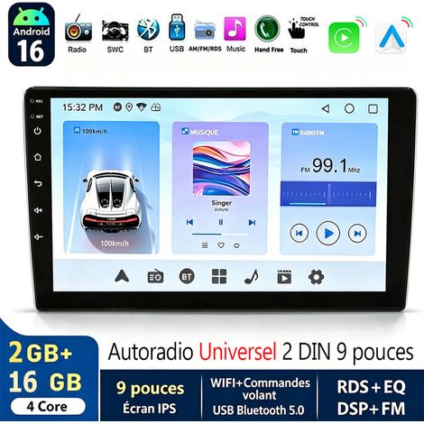 Autoradio 2 DIN 9 pouces Android 16 pouces avec Apple CarPlay, GPS, RDS et Bluetooth - 2+16G (1/5)