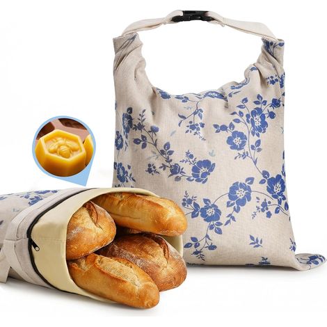 Abielle Wax Bread Bags, Reusable Linen Bread Bags, Keep Bread Fresh Large Safe Freezer Containers Eco-Friendly (43 x 13 cm, Pack of 2) (Blue Flower, Zipper) (1/5)