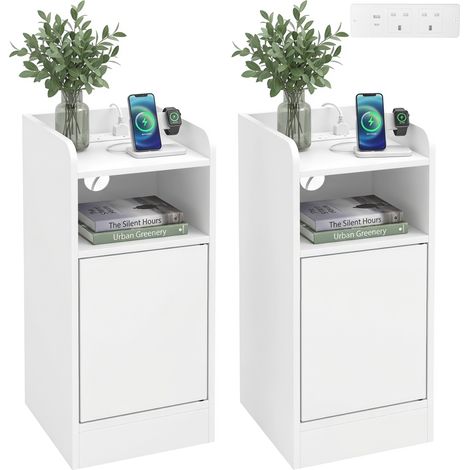 Bedside Table Set of 2, Slim Cabinet, 30 x 25 x 60 cm, White (1/5)