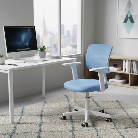 Chaise de Bureau Ergonomique, Dossier Maille Bleu, Chaise D'ordinateur avec PP Accoudoir, Base Blanche à roulettes, Pivotante et Réglable, pour Bureau ou Espace Etudiant (1/5)