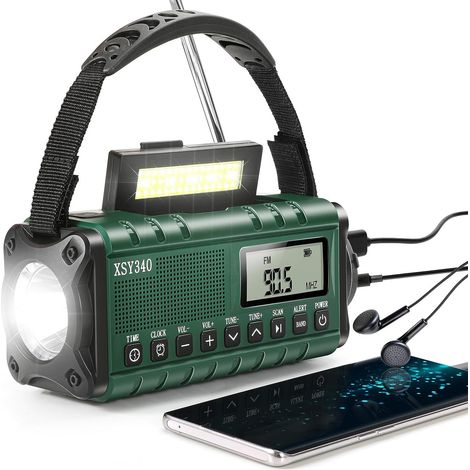 Radio d'urgence multifonctionnelle - Radio d'urgence - Radio - Radio d'urgence solaire à remontage manuel - Batterie 10 000 mAh - Lampe torche - Rechargeable par USB - Verte (1/5)