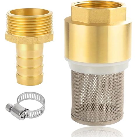 Clapet anti-retour en laiton 1 1/2", filtre d'aspiration 1 1/2", valve à pied en laiton avec clapet anti-retour, crépine, raccord de tuyau et collier de serrage (filetage de vis 1 1/2" + raccord de