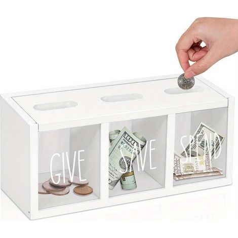 BelleRise – Spardose mit drei Fächern – Transparente Spardose mit den Aufschriften „Spenden“, „Sparen“ und „Ausgeben“ – Weiß (1/5)