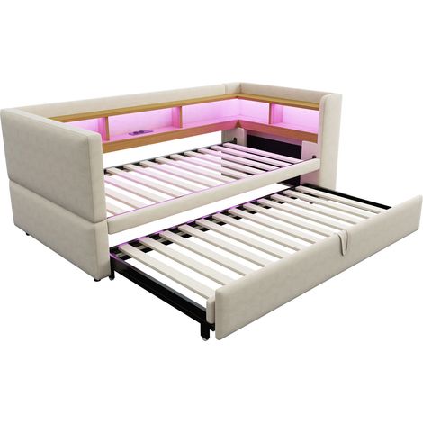Lit banquette 90/180x190 beige LED USB lit gigogne rangement sans matelas