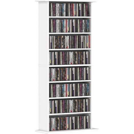 Rangement CD/DVD pour salon ou bureau, meuble blanc 58x24x124,5 cm avec 6 étagères réglables (1/5)