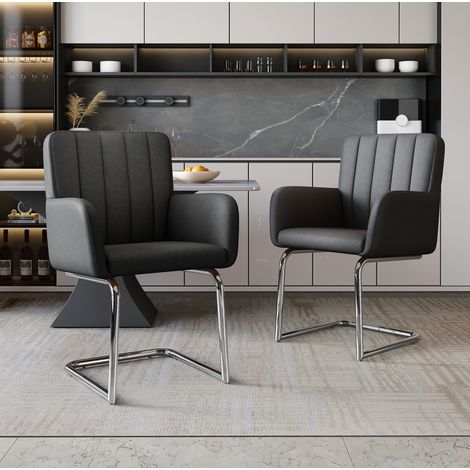 Esszimmerstuhl aus schwarzem Kunstleder, ergonomische Rückenlehne, Metallbeine in Z-Form - 2er Set (1/5)