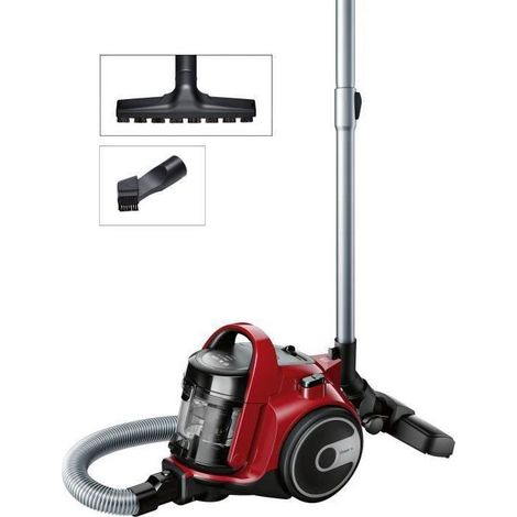 Bosch – Aspirateur sans sac rouge 78 dB – Filtration EPA – 28 kWh/an – Brosse universelle et parquet – 9m de rayon d'action – 1,5L
