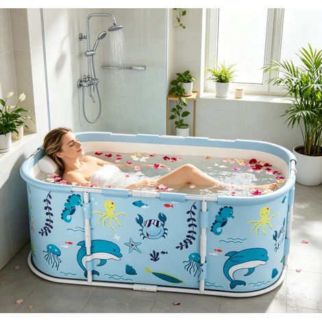 Baignoire Pliable Adulte Enfant 110x60x50cm Piscine Bébé Conservation de la Chaleur Bain Glacé Bleu Clair