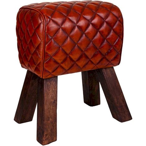 Tabouret cuir marron vintage assise matelassée et bois mangue - Cuir marron cognac et bois foncé (1/5)