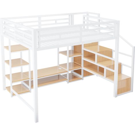 Hochbett 140 x 200 cm weiß mit TV-Halter, Steckdose und Metall-/MDF-Treppe (1/5)