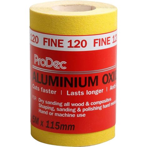 ProDec Rotolo di carta abrasiva in ossido di alluminio giallo grana fine da 5 m, grana 120, per levigare legno, vernice, intonaco, stucco, metallo e altro ancora, larghezza 115 mm, compatibile con (1/5)