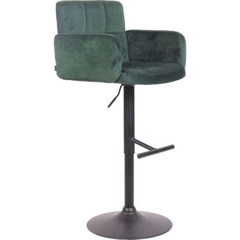 Taburete de bar giratorio de terciopelo verde y metal negro con reposabrazos, reposapiés y respaldo TDB10650