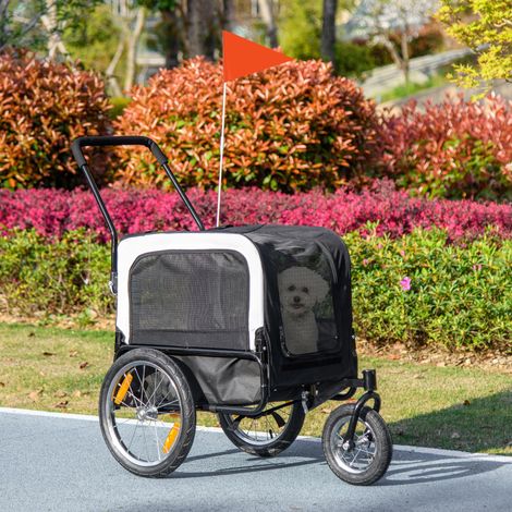 Remorque vélo jogger 2 en 1 pour animaux de compagnie drapeau roue avant pivotante réflecteurs noir (1/5)