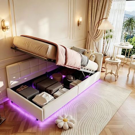 Lit coffre 90x200cm, lit capitonné avec lumière LED, canapé-lit avec ports USB et Type-C, lit simple avec espace de rangement, Sommier à lattes, lit pour ados, Velours, Beige (1/5)