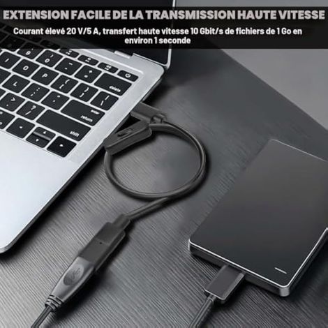 Cable USB de type C de 1 m, 10 Gbit/s, cable d'extension USB C male vers femelle avec interrupteur, prise en charge de la charge vidéo/données/PD pour téléphones portables, tablettes et ordinateurs (1/3)
