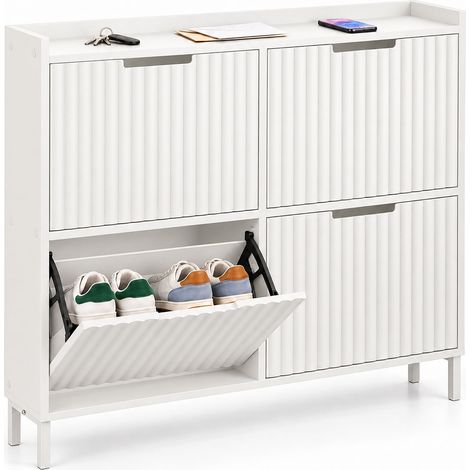 Relaxdays Schuhkipper, 4 Fächer, 8 Paar, HBT: 90x100x19 cm, geriffelte Front, schmaler Schuhschrank, Kippschutz, weiß (1/5)
