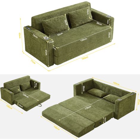 Sofá cama plegable 2 plazas verde con USB, portavasos, bolsillos laterales y 2 cojines OKMYHOME (1/5)