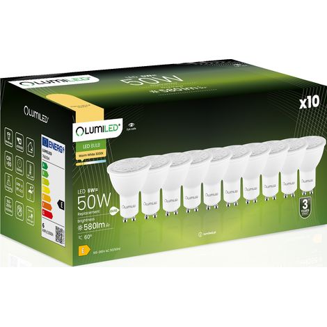 10 bombillas LED GU10 tipo foco PAR16 de 6W = 50W, 580lm, 3000K, luz cálida (24°, 36°, 60°) LUMILED