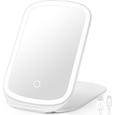 Miroir Maquillage Lumineux, Pliable Miroir Portable, Miroir LED Maquillage avec 3 Lumières Colorées, Miroir de Table Super HD avec Écran Tactile pour Coiffeuse Chambre Voyage Rasage (Blanc) (1/5)