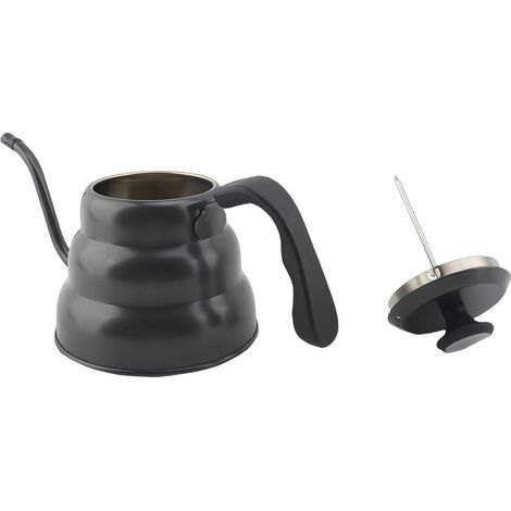 Bouilloire à café filtre en acier inoxydable avec col de cygne et thermomètre intégré, noire, 1 L, compatible avec les plaques de cuisson à induction et autres plaques de cuisson. (1/5)