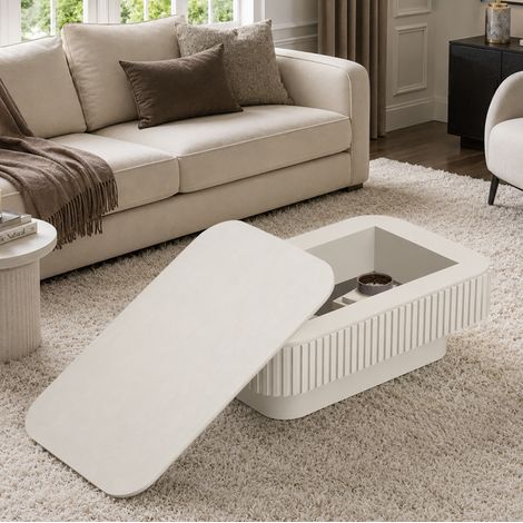 Tavolino da caffè rettangolare con contenitore nascosto, pannelli scanalati, MDF e legno massello, crema (1/5)