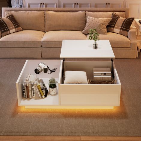 Tavolino da caffè sollevabile 100x50x33 cm bianco con LED, vano nascosto, truciolato MEUBLIV (1/5)