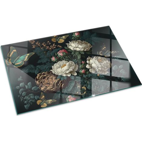 Plaque Rectangulaire décorative imprimée sous cheminée et poêle indépendant Protection Thermique Motif floral avec papillons 100x70 cm (1/5)