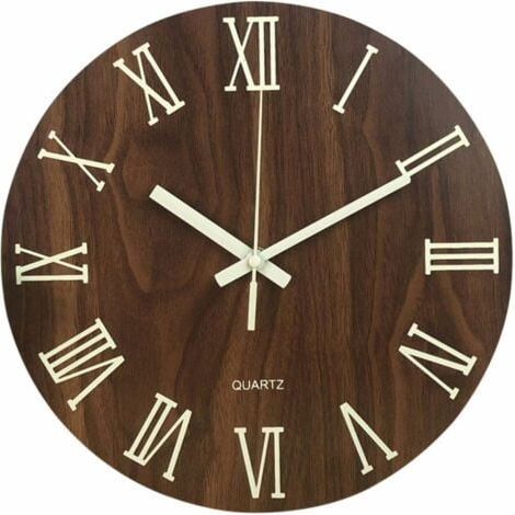 Horloge murale lumineuse, silencieuse et phosphorescente, à quartz, avec chiffres romains, pour salon, salle à manger, cuisine, ronde, fonctionne à piles (marron foncé). (1/5)