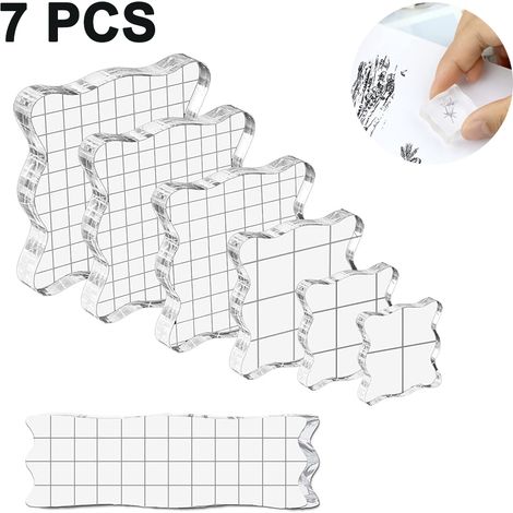 Lot de 7 blocs de tampons en acrylique transparent de tailles assorties, blocs de montage décoratifs quadrillés pour scrapbooking et loisirs créatifs. (1/4)