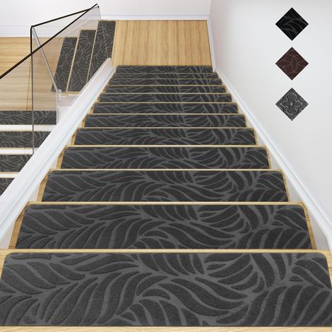 Tapis d'escalier antidérapant en matière naturelle, bande de roulement en feutre autocollant, pour intérieur, 76x20cm, motif feuilles de bananier (1/5)