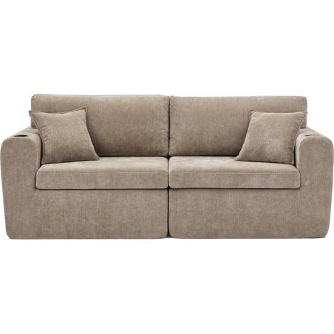 2-Sitzer Relaxsofa aus Chenille mit USB-Anschluss, Seitentasche, Getränkehalter und Kissen, Braun (1/5)