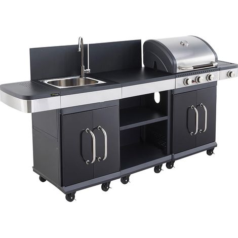 MF - Conjunto Cocina Exterior FIDGI 3 Quemadores + Aparador + Fregadero - Plancha y Parrilla Hierro Fundido Barbacoa Para 8 Comensales (1/3)